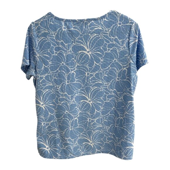 Emily Daniels Blue Floral Textured Short Sleeve Top Sz PM - Picture 2 of 10